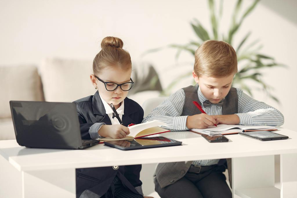 kids dressed like office dresscode, fully immersed in learning italian